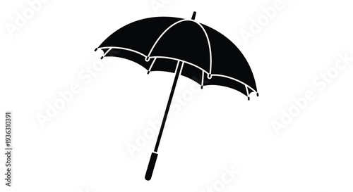 A simple black and white illustration of an open umbrella on white