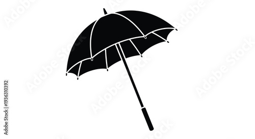 A simple black silhouette of an open umbrella against a white backdrop
