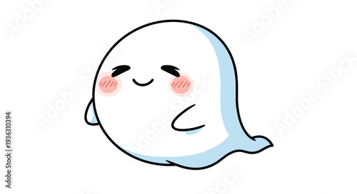 Adorable floating ghost character with a happy smile and blushing pink cheeks isolated on a clean white background.