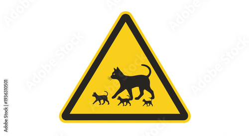 Warning sign with cat and kittens illustration on yellow triangular background viewed from front