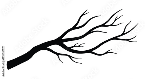 A simple black silhouette of a bare tree branch against white