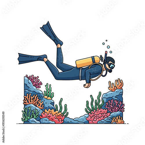Scuba diver exploring colorful coral reef underwater, ocean life, marine biology, active lifestyle