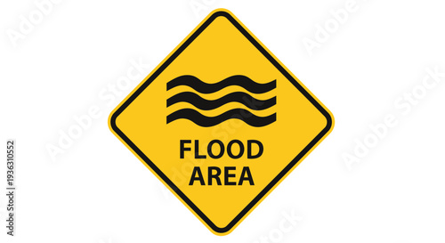 Warning sign indicating flood area with wavy lines on a yellow diamond-shaped background viewed from directly above