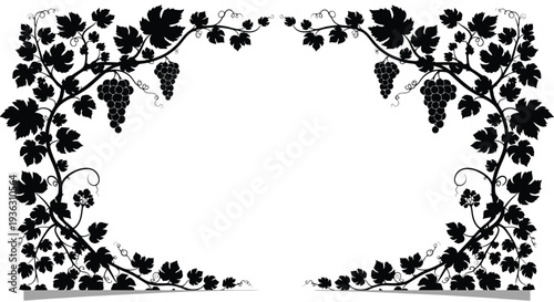 Elegant black vine and grape frame with decorative leaves and swirling tendrils