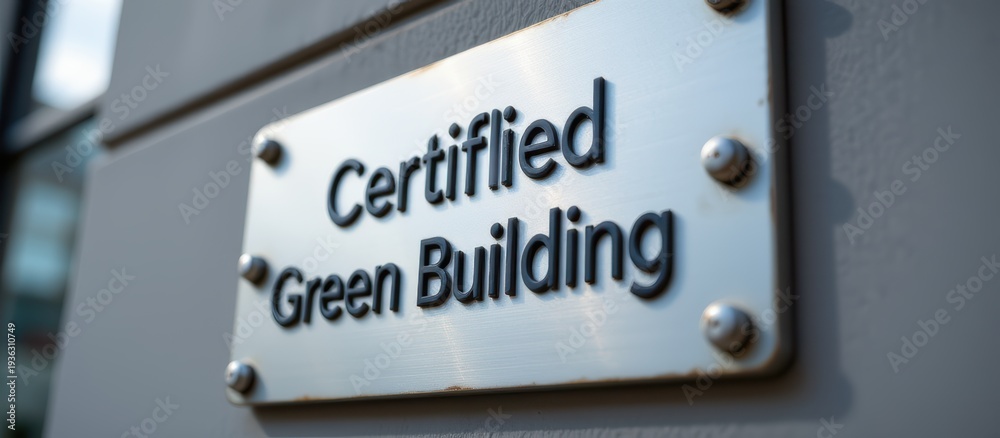 Fototapeta premium Certified Green Building metal plaque mounted on a structural surface in daylight.