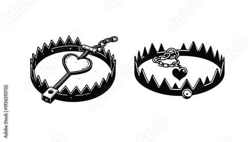 Bear trap vector illustration with heart shaped chain and lock