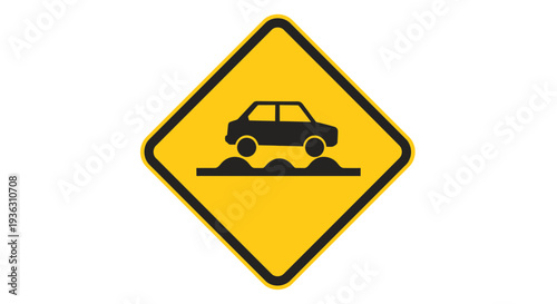 A yellow warning sign with a black car icon on a road with bumps, indicating caution for drivers on a potentially hazardous road surface ahead.