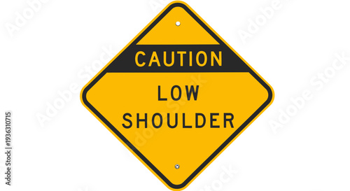 Caution sign indicating low shoulder on road, viewed directly, conveying safety information