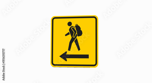 Hiker with backpack walking direction sign on yellow background, viewed directly from the front