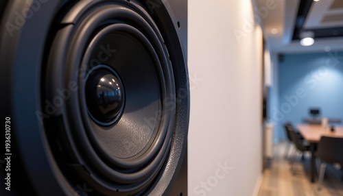 Close-up of a large black speaker cone in a modern office meeting room.