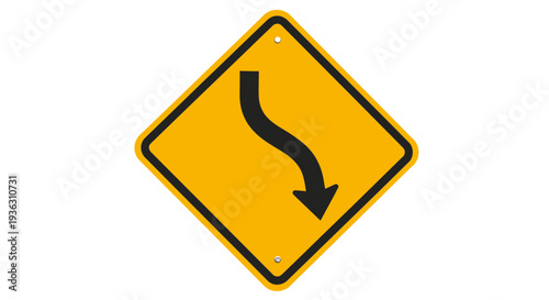 Curved Road Sign with Arrow Indicating Direction on Yellow Background