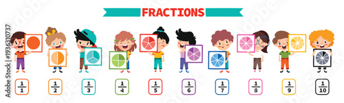 Children are learning about fractions with colorful pie charts and symbols.