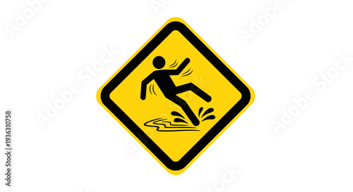 Person slipping on a wet surface, warning sign, caution illustration, safety graphic, hazard indicator, road sign