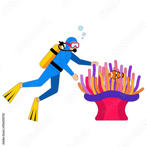 Scuba diver exploring colorful sea anemone with clownfish underwater