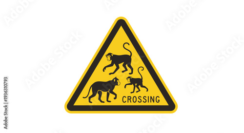 Warning sign with monkeys crossing illustration on yellow triangular background viewed from directly above