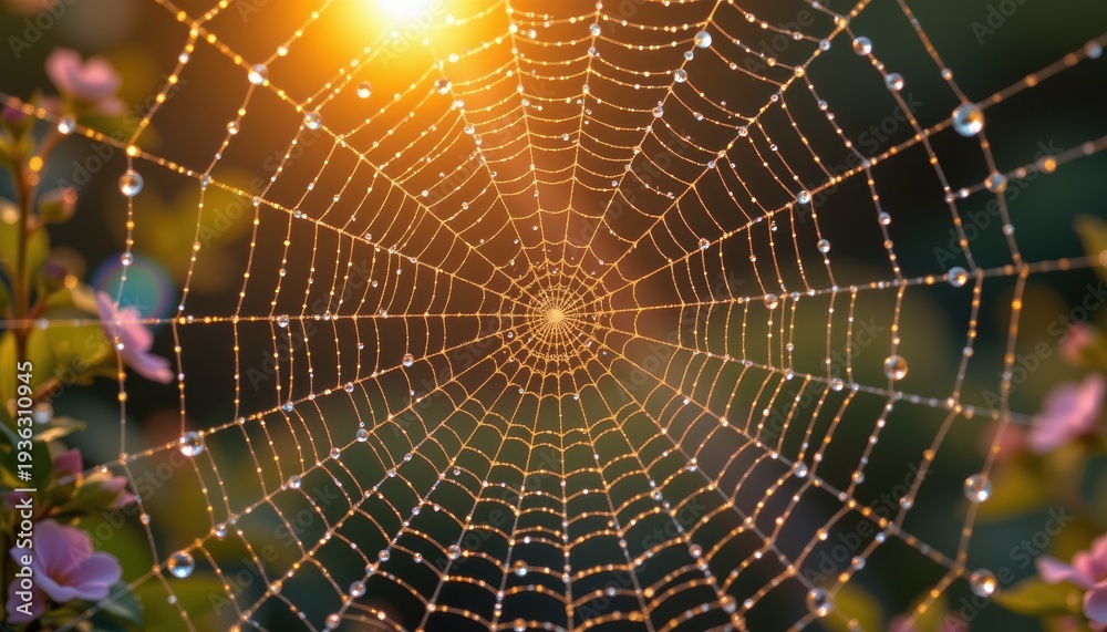Obraz premium Spider web covered in morning dew with sunlight and purple flowers in background