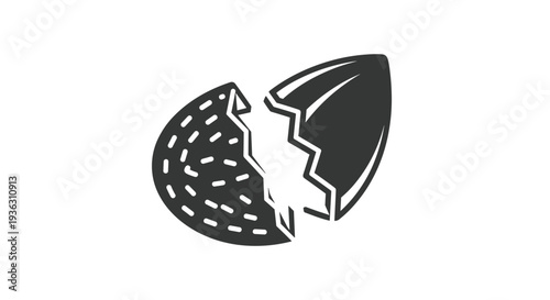 Black and white silhouette illustration of a cracked almond shell revealing the nut inside on a white background.
