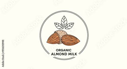 Circular label design for organic almond milk featuring a drawing of almonds and leaves with clean typography.