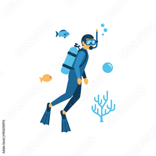 Scuba Diver Exploring Coral Reef with Fish and Bubbles Underwater