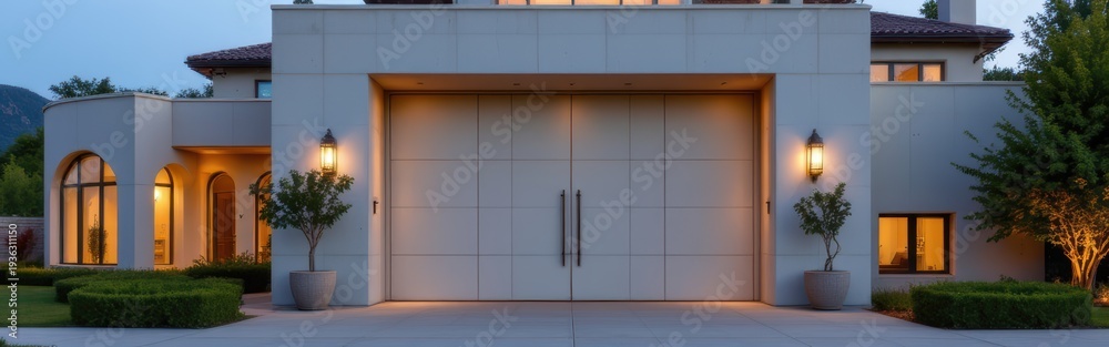 Fototapeta premium Modern luxury home exterior with large garage doors and elegant lighting at dusk