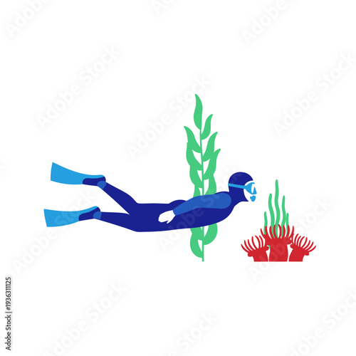 Scuba Diver Exploring Coral Reef with Seaweed