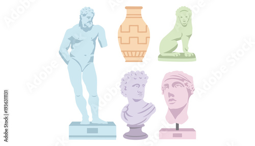 Statue vector illustration set of ancient sculptures in various pastel colors