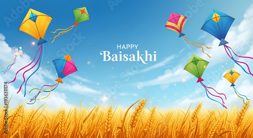 Baisakhi festival vector scene with colorful kites flying above golden wheat field celebrating vaisakhi harvest season joy punjab culture and happy baisakhi greeting