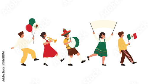 Mexican people celebrating with festive colorful illustration of dancers and musicians