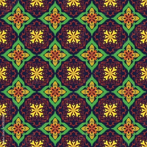 Bold Folk Art Seamless Geometric Floral Pattern in Navy Green and Yellow Vibrant Ethnic Decorative Tile Repeat with Symmetrical Motif Bohemian Inspired for Textile, Wallpaper
