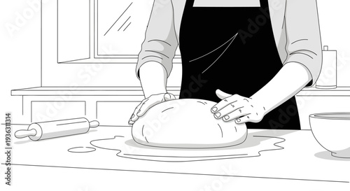 Person kneading dough on a kitchen counter with a rolling pin.