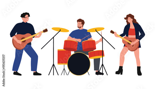 A band illustration of musicians playing guitar and drums together