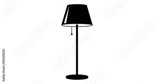 Modern black floor lamp with shade and pull chain.