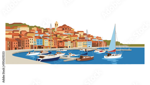 A vibrant harbor illustration with boats and buildings in a coastal town