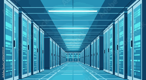 Modern data center server room with blue glowing lights.