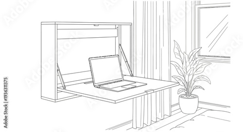 Modern Fold Down Wall Mounted Desk with Laptop and Plant.