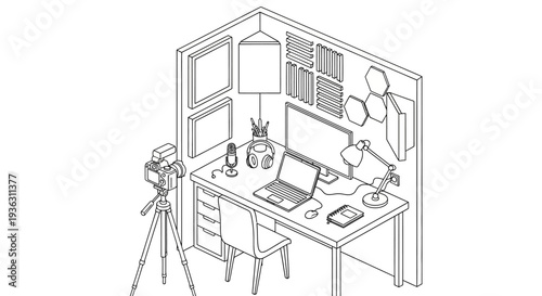 Modern home office setup with computer and camera.