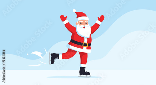 Cheerful illustration of Santa Claus ice skating on a frozen pond with mountains and snow in the background.