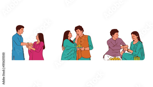 Raksha Bandhan illustration of siblings in traditional Indian clothing