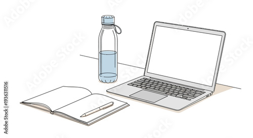 Open notebook with pen laptop and water bottle on desk.