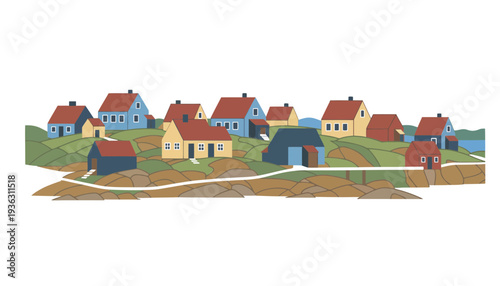 A colorful village illustration with houses and rolling hills