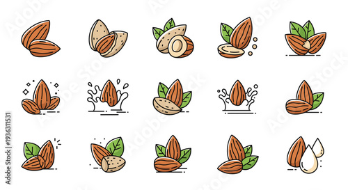 Set of colorful almond icons in various styles including whole nuts kernels cracked shells and milk splashes for food design.