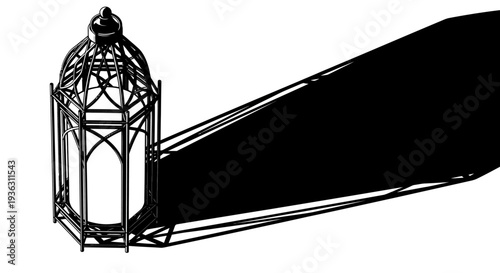 Ornate Metal Lantern Casting a Long Shadow on a White Background.