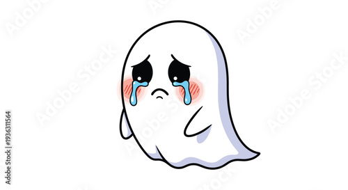 Cute cartoon ghost illustration with a sad expression and tears falling from its eyes isolated on a plain white background.