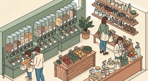 People shopping at a zero waste grocery store buying bulk food.
