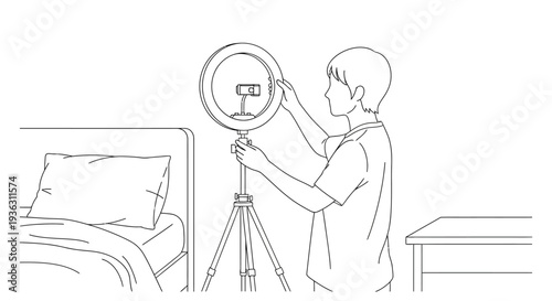 Person adjusting ring light for recording or photography.