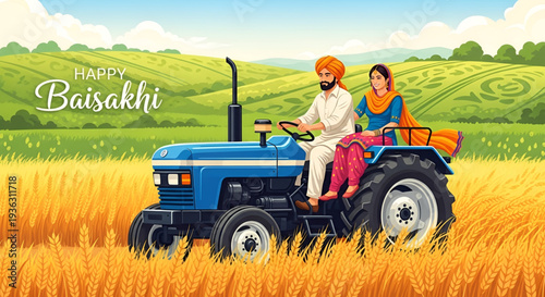 Baisakhi harvest festival vector illustration showing punjab farmer driving tractor in golden wheat field with woman celebrating rural agriculture and happy baisakhi greeting