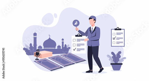 A man holding a magnifying glass inspecting a mosque and prayer rugs.