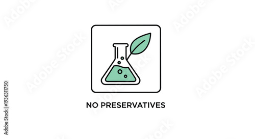 No preservatives label icon featuring a chemistry flask with green liquid and a leaf inside a rounded square frame for products.