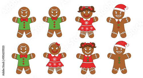 Set of diverse gingerbread cookies in various festive outfits like Santa hats dresses and bowties for a holiday baking theme.