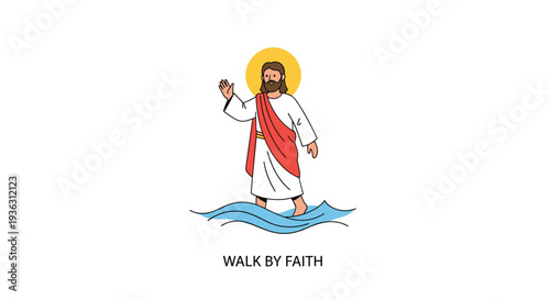 Illustration of Jesus Christ in a red sash walking on blue waves with the inspirational text walk by faith underneath for church.